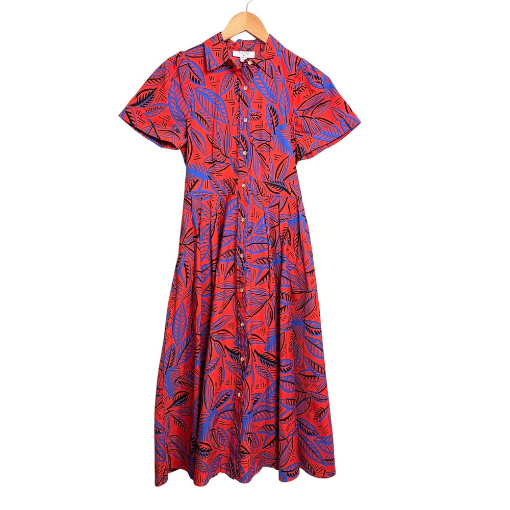 NEW Alexis For TargetRed Blue Tropical Leaf Print Button Front Midi Dress XS